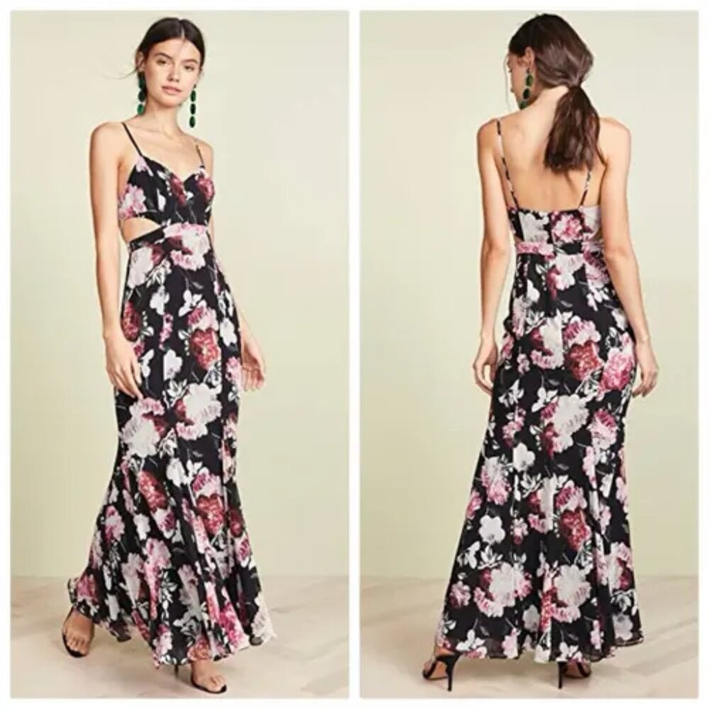 Fame and Partners Black Floral Maxi Dress with Pink and White Blossoms